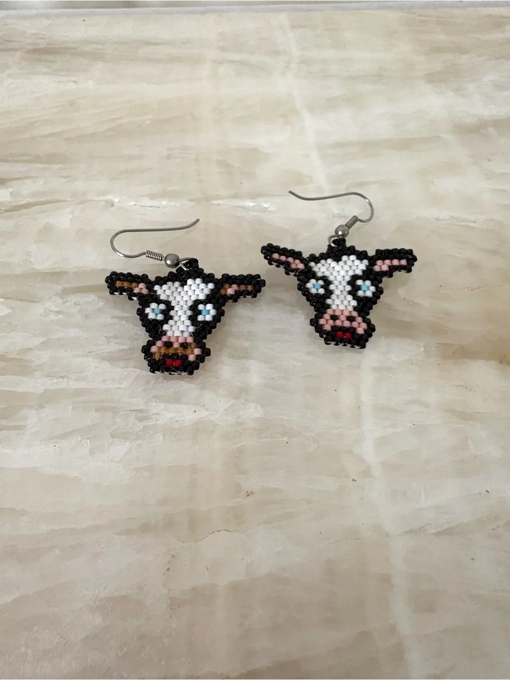 Vintage seed Beaded Cow Head Dangle Earrings - Black, White, Pink